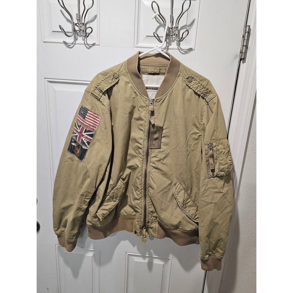 Denim  Supply Ralph Lauren Mens Bomber Jacket Khaki Tan Flag Patches XXL T-66263